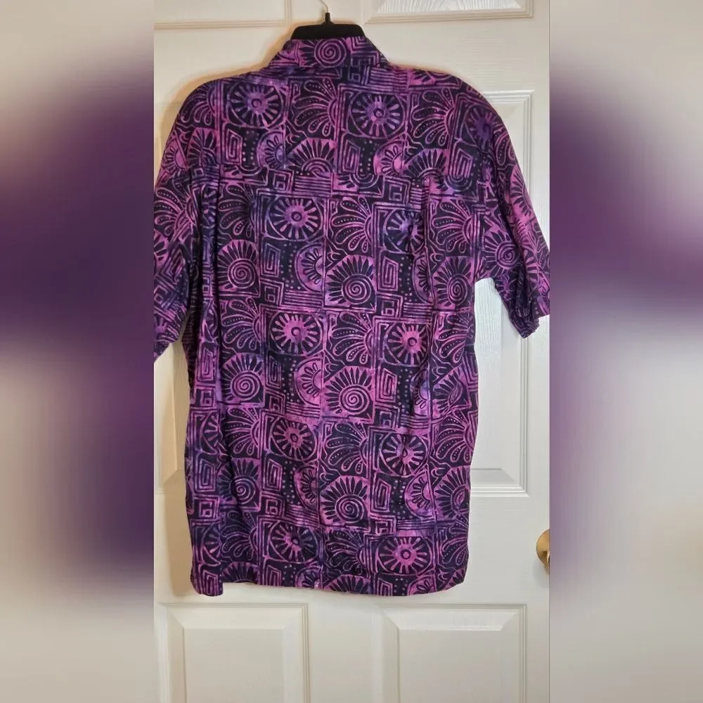 Johari West L Purple Batik Print  Abstract Aloha Hawaiian Shrtslv Men Shirt